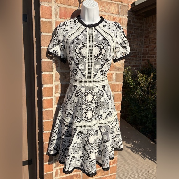 Alexis Emiliana Fit & Flare Mini Dress Black and White Diamond Lace size Medium - Picture 7 of 13